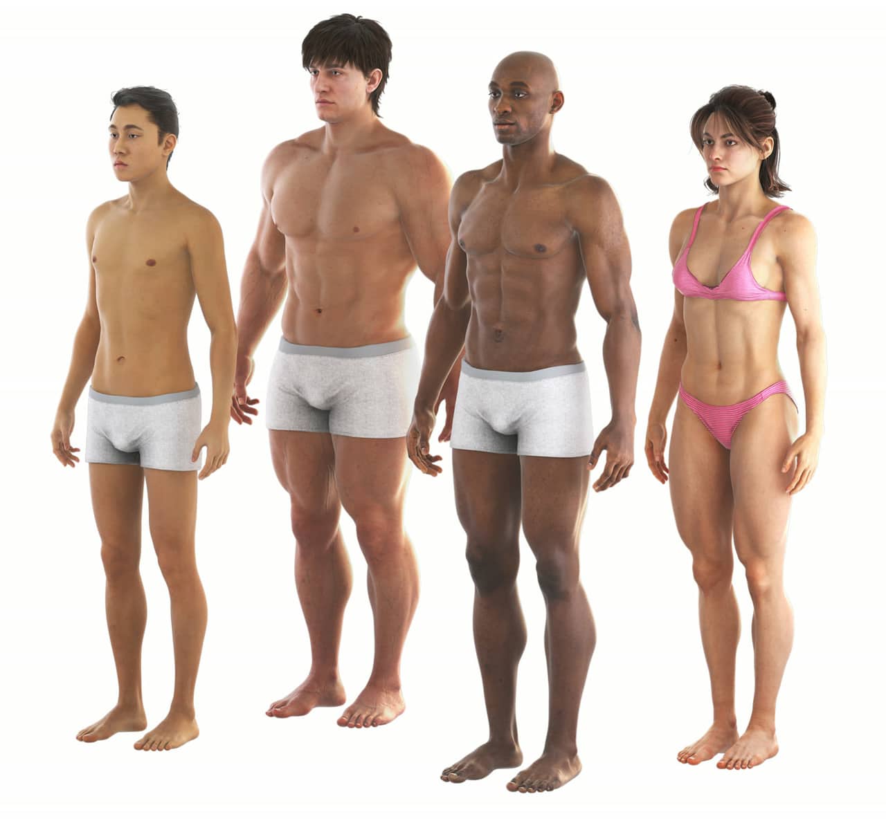 Four realistic body-type and ethnicity variants, standing