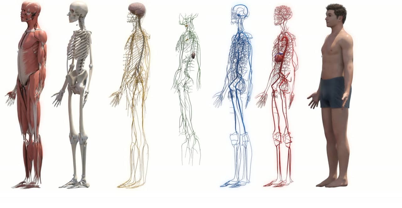 The human body rendered as separate anatomical systems in a row
