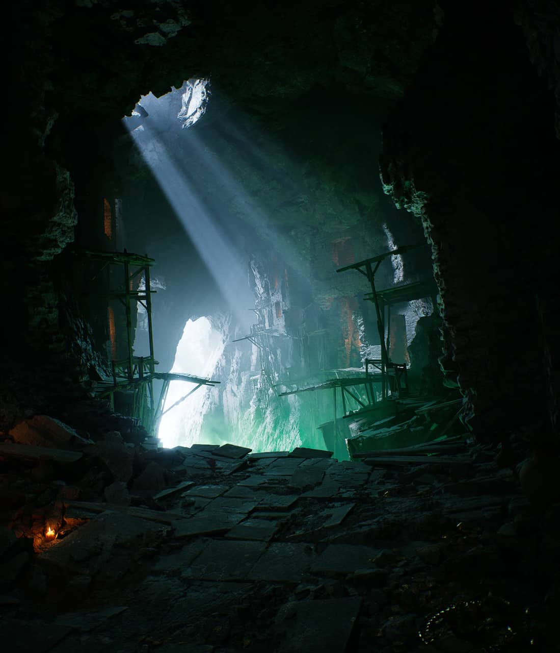 Environment lighting study — a single shaft of light through a cavern