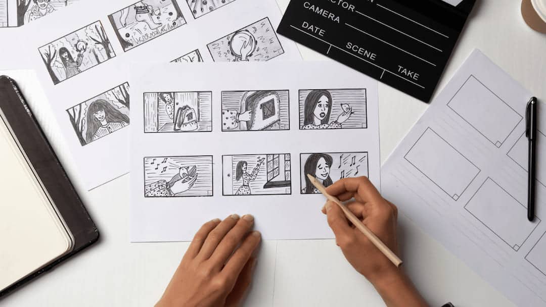 Storyboard sheets and a clapperboard on a desk, hand drawing a frame