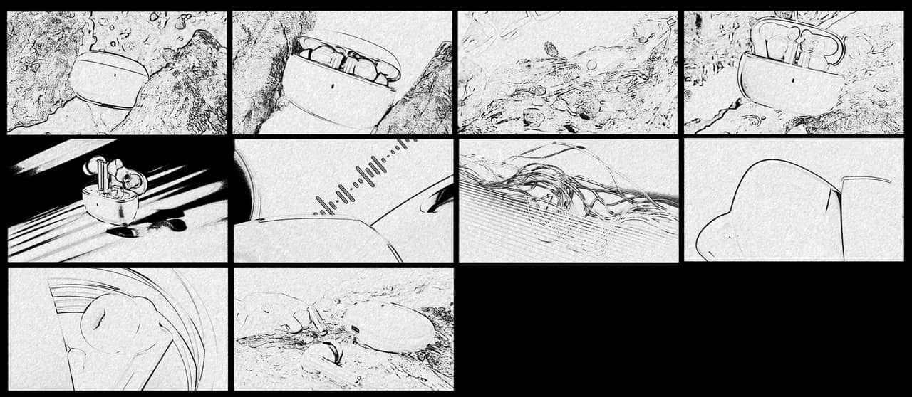 Storyboard strip — ten line-drawn frames of an audio product sequence