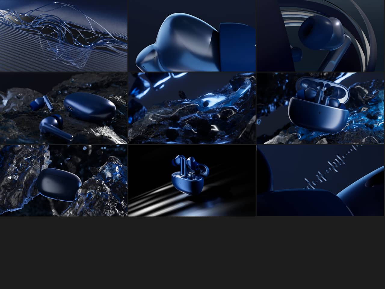 Contact sheet — nine finished renders from an audio product film