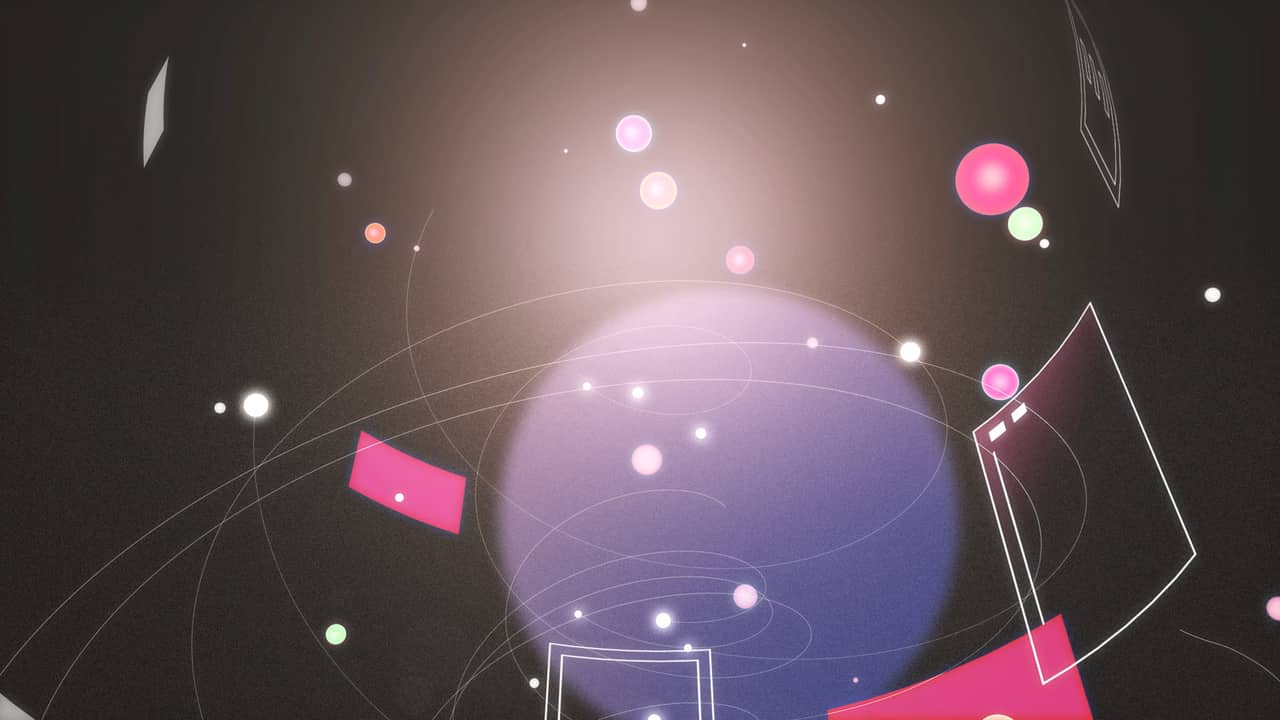 Explainer frame — panels and spheres orbiting a lit core